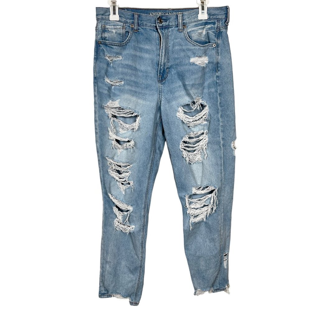 American Eagle Mom Jeans Womens 10 Regular Blue Distressed High Rise Stretch